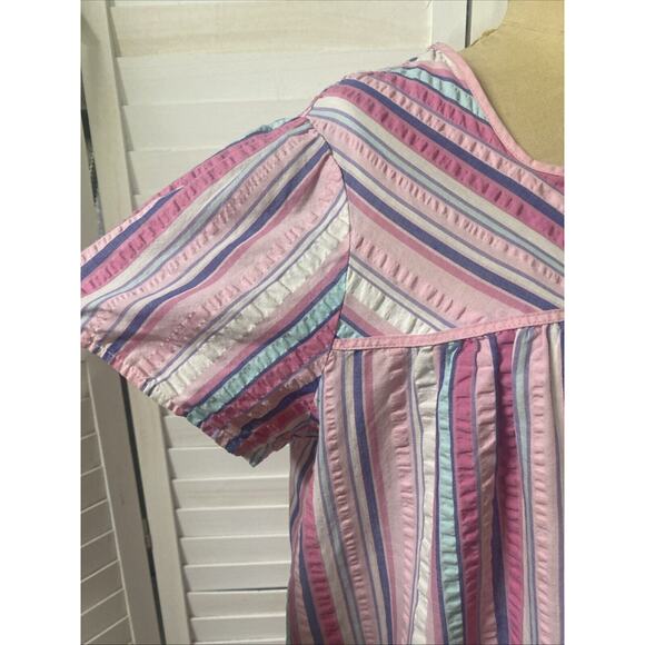 Pink K Snap Up Pearl Button House Dress Size Robe Stripe Pockets Sz Large - Picture 3 of 9